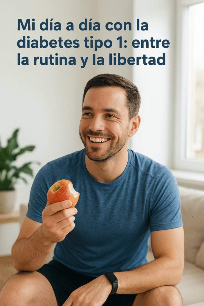 Persona joven con sensor de glucosa en el brazo, desayunando de forma saludable en casa y controlando su diabetes tipo 1 en un ambiente tranquilo y luminoso.