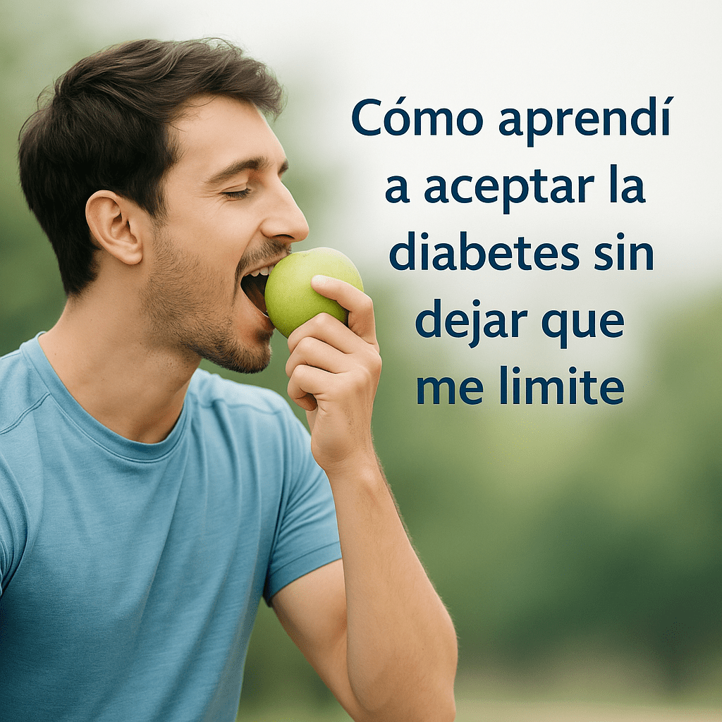 Hombre joven con camiseta azul sonriendo mientras muerde una manzana verde, acompañado del texto ‘Cómo aprendí a aceptar la diabetes sin dejar que me limite’, simbolizando bienestar y aceptación de la diabetes tipo 1.