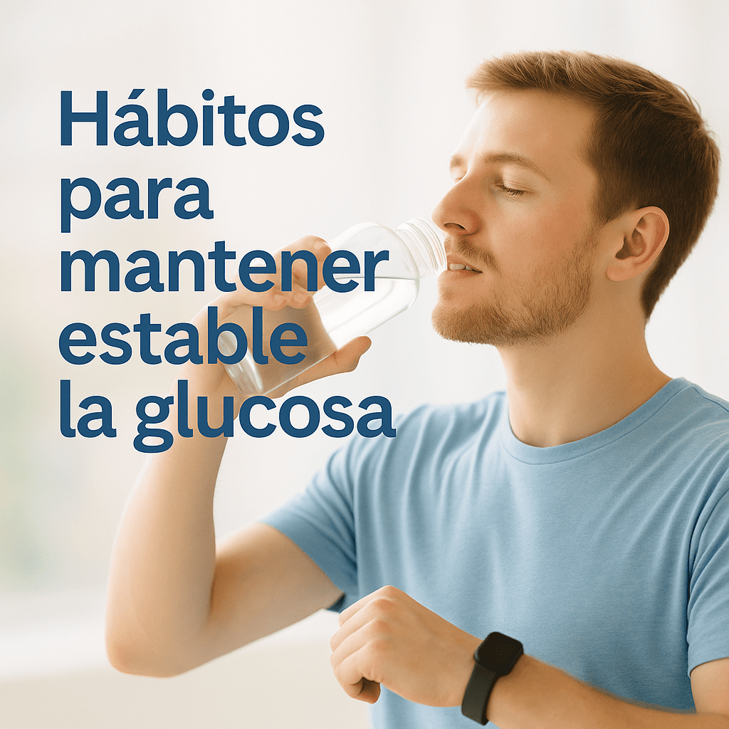 Hombre joven con camiseta azul bebiendo agua y usando un reloj deportivo, sobre fondo claro, acompañado del texto ‘Hábitos para mantener estable la glucosa’, simbolizando salud, rutina y equilibrio en el control de la diabetes.