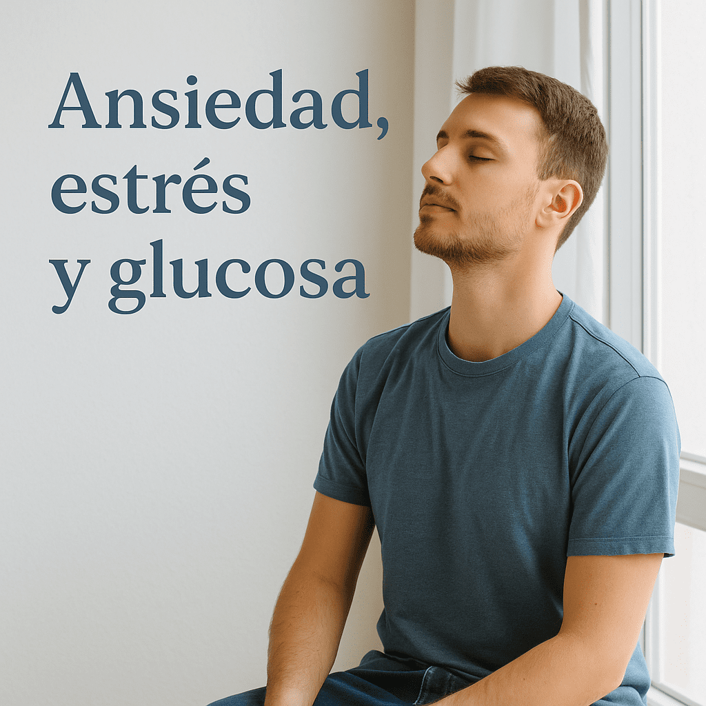Hombre joven con camiseta azul sentado junto a una ventana, con los ojos cerrados y expresión serena, acompañado del texto ‘Ansiedad, estrés y glucosa’, simbolizando calma, equilibrio emocional y control de la diabetes tipo 1.