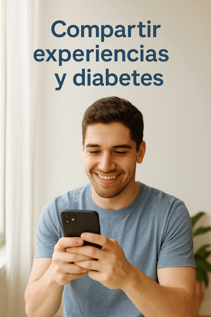 Hombre joven sonriendo mientras usa su móvil, con fondo claro y el texto ‘Compartir experiencias y diabetes’, simbolizando empatía, comunicación y comunidad entre personas con diabetes tipo 1.
