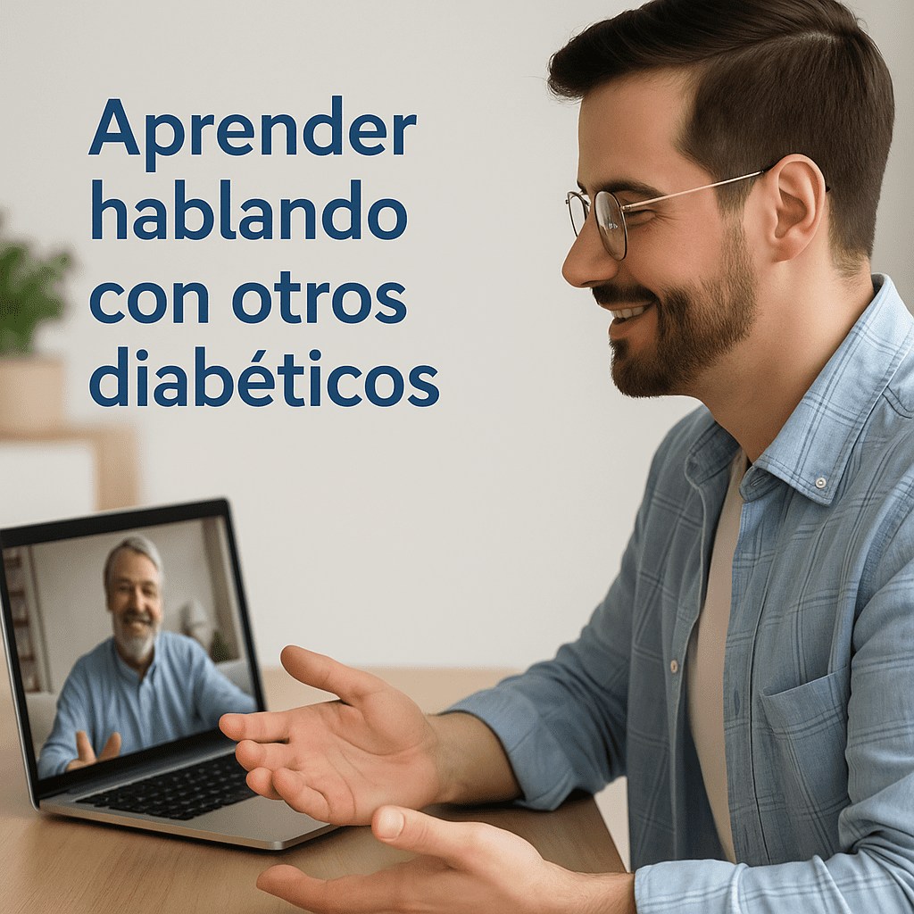 Hombre joven conversando sonriente por videollamada con otro hombre en su portátil, acompañado del texto ‘Aprender hablando con otros diabéticos’, simbolizando conexión, apoyo y aprendizaje compartido en la comunidad diabética.
