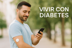 Hombre joven comprobando la lectura de su sensor de glucosa con el móvil, con expresión tranquila y fondo natural, acompañado del texto “Vivir con diabetes