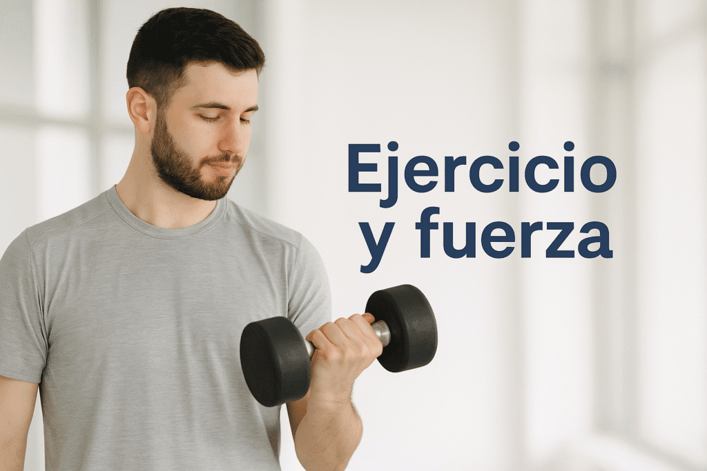 Hombre joven haciendo ejercicio con pesas en un gimnasio iluminado, con expresión concentrada y el texto “Ejercicio y fuerza”, simbolizando energía y control físico