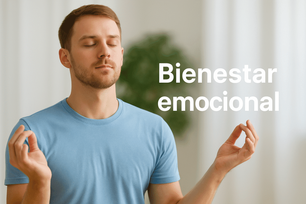 Hombre joven meditando en un entorno luminoso y tranquilo, con los ojos cerrados y expresión serena, acompañado del texto “Bienestar emocional”.