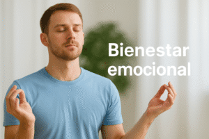 Hombre joven meditando en un entorno luminoso y tranquilo, con los ojos cerrados y expresión serena, acompañado del texto “Bienestar emocional”